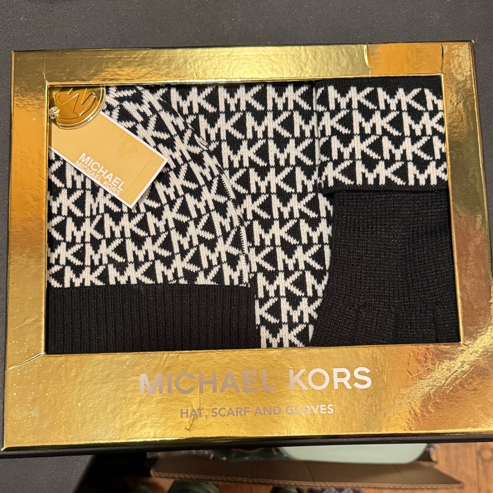 Michael Kors Black & White MK Logo Hat, Scarf & Gloves Set